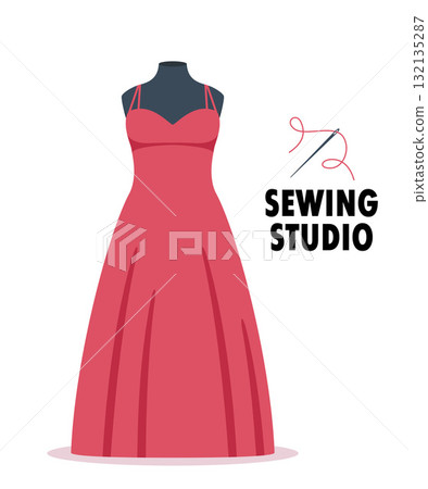 Female mannequin in dress. Sewing studio. Sewing needle and thread. Vector illustration. Female mannequin in dress. Sewing studio. Sewing needle and thread. Vector illustration. 132135287