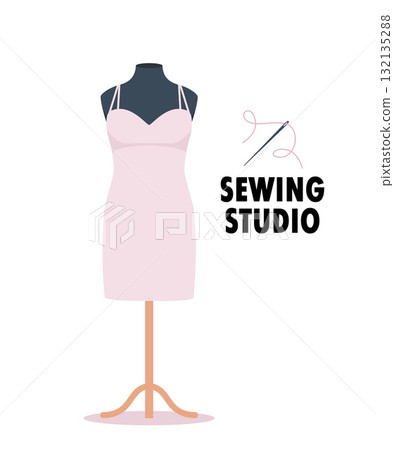 Female mannequin in dress. Sewing studio. Sewing needle and thread. Vector illustration. 132135288