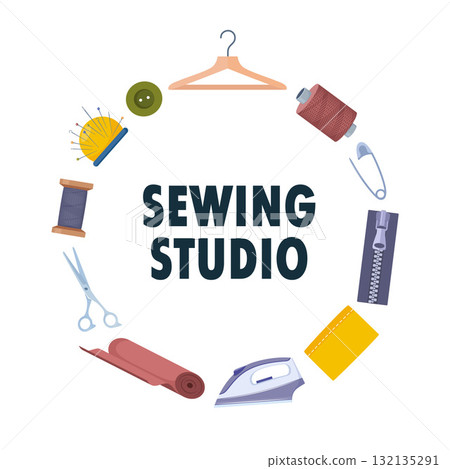 Sewing studio icons. Various sewing tools. Needles, scissors, yarn, sewing machine, buttons, spools, threads. Vector illustration. 132135291