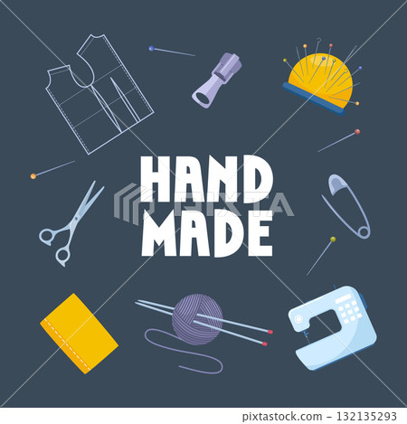 Handmade, crafts workshop, art fair and festival poster. Knitting, yarn, hand made supplies. Hand made sewing icons. Vector illustration. Handmade, crafts workshop, art fair and festival poster. Knitting, yarn, hand made supplies. Hand made sewing icons. Vector illustration. 132135293