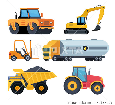 Special Transport. Construction Heavy Machinery Set. Mining dump truck, garbage truck, paver, excavator, bulldozer, tractor. Vector Illustration 132135295