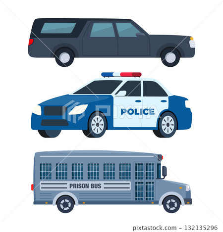 Special Transport Set. Hearse, police car, prison transport. Vehicles for special needs. Vector illustration. Special Transport Set. Hearse, police car, prison transport. Vehicles for special needs. Vector illustration. 132135296