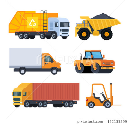 Special Transport. Construction Heavy Machinery Set. Mining dump truck, garbage truck, paver, excavator, bulldozer, tractor. Vector Illustration 132135299