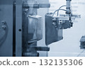 Close up scene material handling process the food container by robotic system from injection machine. 132135306