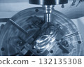 The 5-axis machining center cutting mold parts with solid barrel end mill tool in the light blue scene. 132135308