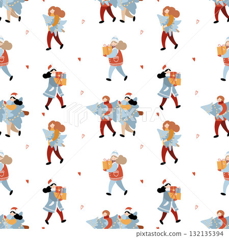 Vector winter pattern with Christmas people in flat style. Abstract people carrying gifts, a group of people carrying a Christmas tree. People are walking. Vector color illustration on a white 132135394