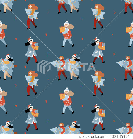 Vector winter pattern with Christmas people in flat style. Abstract people carrying gifts, a group of people carrying a Christmas tree. People are walking. Vector color illustration on a blue Vector winter pattern with Christmas people in flat style. Abstract people carrying gifts, a group of people carrying a Christmas tree. People are walking. Vector color illustration on a blue 132135395