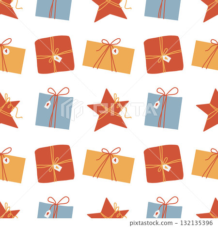Multicolored gift boxes, vector seamless pattern. Background with gift boxes for Christmas, birthdays, and other holidays. Vector flat illustration for wrapping paper and textiles. Simple multicolored 132135396
