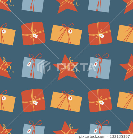 Multicolored gift boxes, vector seamless pattern. Background with gift boxes for Christmas, birthdays, and other holidays. Vector flat illustration for wrapping paper and textiles. Simple multicolored Multicolored gift boxes, vector seamless pattern. Background with gift boxes for Christmas, birthdays, and other holidays. Vector flat illustration for wrapping paper and textiles. Simple multicolored 132135397