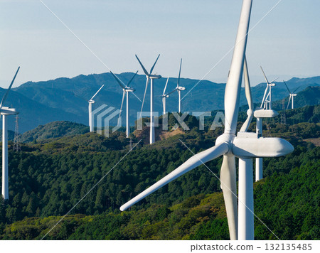 Windmills at Aoyama Plateau (aerial photography by drone) Windmills at Aoyama Plateau (aerial photography by drone) 132135485