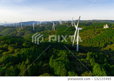 Windmills at Aoyama Plateau (aerial photography by drone) 132135495
