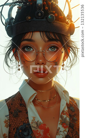 Enigmatic Gaze Stylized Portrait with Futuristic Headwear. A stylized portrait of a young woman with futuristic headwear featuring intricate details such as globes, wires, and floral motifs. Enigmatic Gaze Stylized Portrait with Futuristic Headwear. A stylized portrait of a young woman with futuristic headwear featuring intricate details such as globes, wires, and floral motifs. 132135536