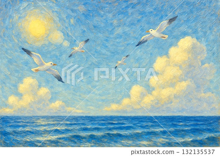 Blue sky, sea, seagulls, cumulonimbus clouds, oil painting Blue sky, sea, seagulls, cumulonimbus clouds, oil painting 132135537