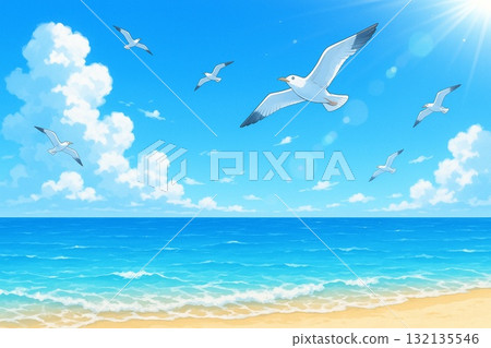 Blue sky, sea, seagulls, cumulonimbus clouds, anime style 132135546