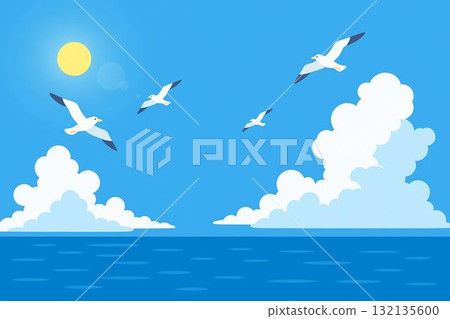 藍天、大海、海鷗、積雨雲、向量 藍天、大海、海鷗、積雨雲、向量 132135600