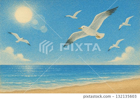 Blue sky, sea, seagulls, cumulonimbus clouds, sand painting style Blue sky, sea, seagulls, cumulonimbus clouds, sand painting style 132135603