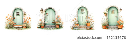 Mint green cottage door surrounded by blooming orange flowers Mint green cottage door surrounded by blooming orange flowers 132135678