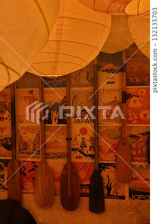 Japanese cafe with paper lanterns and decor 132135703
