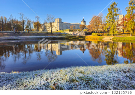 Sunny morning autumn view of the park and Great Palace in Gatchina Sunny morning autumn view of the park and Great Palace in Gatchina 132135756