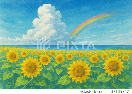 向日葵田，藍天，積雨雲，大海，彩虹，水彩畫 132135857