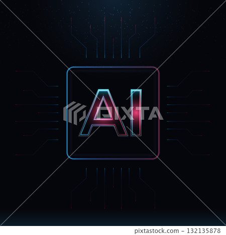 Futuristic concept of Neon AI microchip. Semiconductor technology vector illustration with Artificial Intelligence CPU. Futuristic concept of Neon AI microchip. Semiconductor technology vector illustration with Artificial Intelligence CPU. 132135878