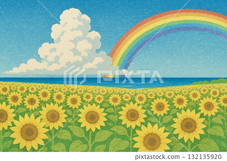 向日葵田,藍天,積雨雲,大海,彩虹,沙畫風格 向日葵田,藍天,積雨雲,大海,彩虹,沙畫風格 132135920