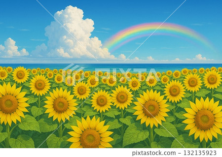 向日葵田，藍天，積雨雲，大海，彩虹，逼真 132135923