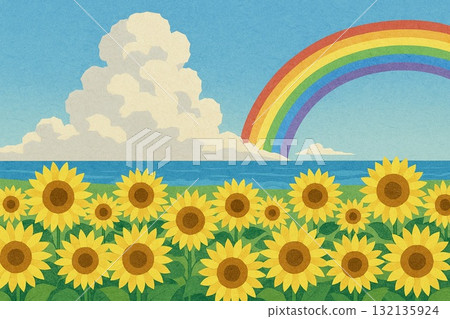 向日葵田，藍天，積雨雲，大海，彩虹，拼貼風格 132135924