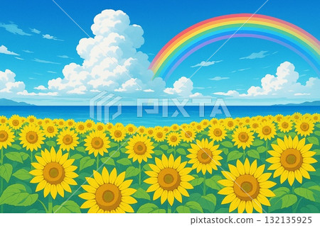 向日葵田，藍天，積雨雲，大海，彩虹，動畫風格 132135925