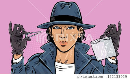 Pop art female detective holding tweezers and evidence bag wearing hat and gloves vintage investigator illustration 132135929