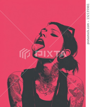 Stylized illustration of a tattooed woman sticking out her tongue on pink background 132135981