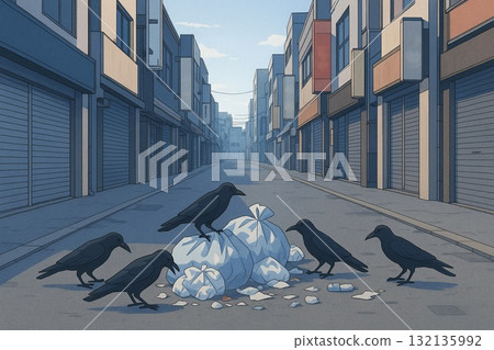 清晨的城市景觀，市中心，烏鴉翻找垃圾，動漫風格 132135992