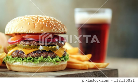 Close-up of a delicious cheeseburger with fries and a drink on a rustic table 132136051