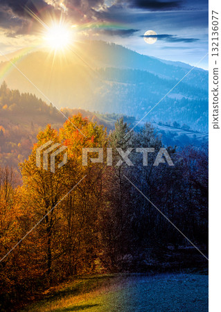 mountain landscape on autumn equinox. day and night time change concept. colorful forest on hills with sun and moon. beautiful view of carpathian rural valley in fall season. scenic place 132136077