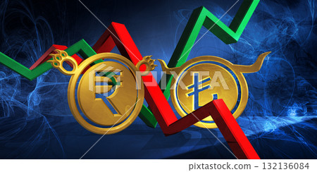 bullish try to bearish inr currency. foreign exchange market 3d illustration of turkish lira to indian rupee. money represented  as golden coins 132136084