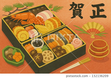 Osechi cuisine New Year's collage style 132136209
