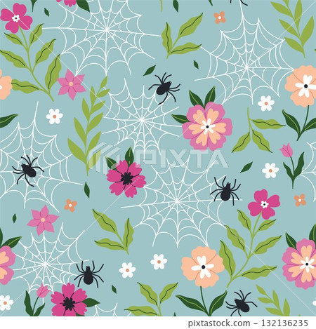 Seamless pattern with flowers and spider webs. Vector graphics. 132136235