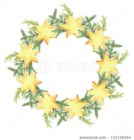 Wreath of stars and christmas tree branches. For fabric, wallpaper, packing paper, greeting cards, design, decoration and illustration. Wreath of stars and christmas tree branches. For fabric, wallpaper, packing paper, greeting cards, design, decoration and illustration. 132136264