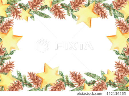 Restangular frame of a watercolor fir branches, fir cones and stars. For fabric, wallpaper, packing paper, greeting cards, design, decoration and illustration. Restangular frame of a watercolor fir branches, fir cones and stars. For fabric, wallpaper, packing paper, greeting cards, design, decoration and illustration. 132136265