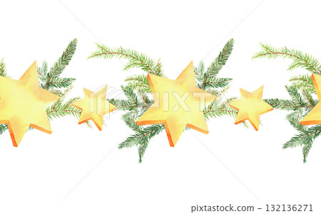 Seamless border of watercolor stars and christmas tree branches. For fabric, wallpaper, packing paper, greeting cards, design, decoration and illustration. 132136271