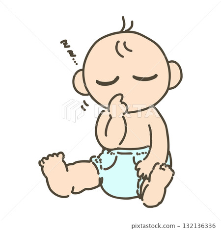 Hand-drawn illustration of a sleeping baby wearing a diaper 132136336