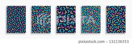 Collection of artwork colorful fashion covers, templates, backgrounds, placards, brochures, banners, flyers. Bright posters with shapes and symbols in retro style 80-90s. Festive abstract fun print 132136353