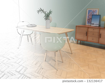 簡單客廳和餐廳的逼真 3D 插圖，室內設計 132136417