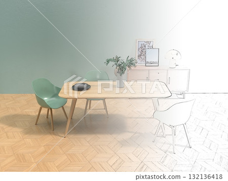 簡單客廳和餐廳的逼真 3D 插圖，室內設計 132136418