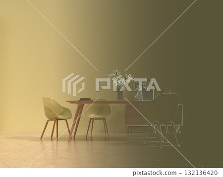 Photorealistic 3D illustration of a simple living room and dining room, interior design 132136420