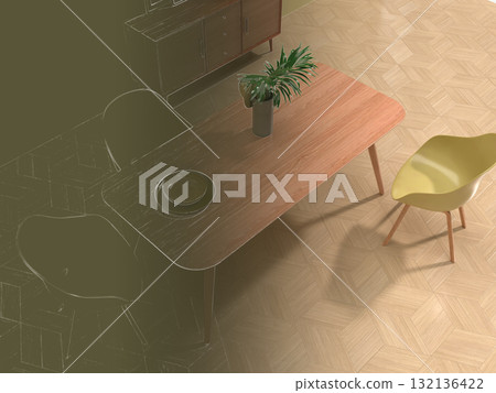 簡單客廳和餐廳的逼真 3D 插圖，室內設計 132136422