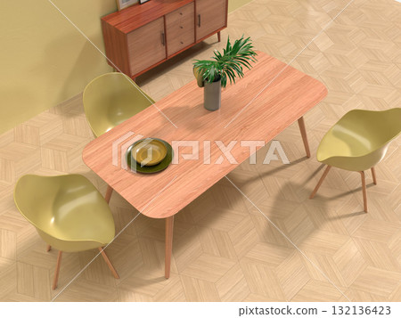 簡單客廳和餐廳的逼真 3D 插圖，室內設計 132136423
