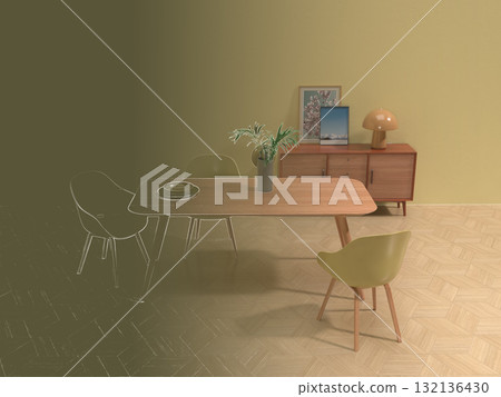 Photorealistic 3D illustration of a simple living room and dining room, interior design Photorealistic 3D illustration of a simple living room and dining room, interior design 132136430