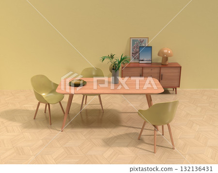 簡單客廳和餐廳的逼真 3D 插圖,室內設計 簡單客廳和餐廳的逼真 3D 插圖,室內設計 132136431