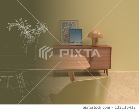 簡單客廳和餐廳的逼真 3D 插圖，室內設計 132136432